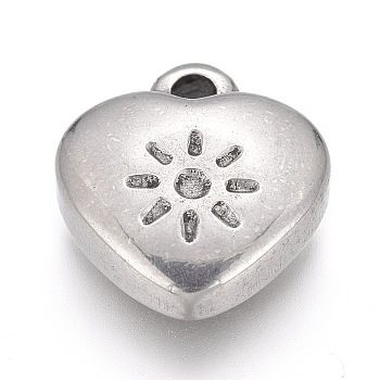 Non-Tarnish 304 Stainless Steel Charms, Heart with Sun, Stainless Steel Color, 13.5x12.5x4.5mm, Hole: 1.6mm