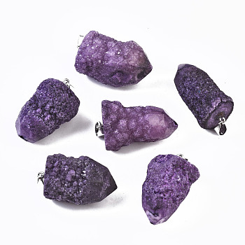 Rough Raw Electroplate Natural Druzy Agate Pendants, with Platinum Tone Iron Pinch Bail, Dyed, Nuggets, Medium Orchid, 32~40x21~25x18~21mm, Hole: 7x4mm