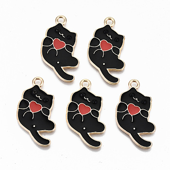 Alloy Enamel Pendants, Cat with Red Heart, Golden, Cadmium Free & Nickel Free & Lead Free, Black, 30.5x16x1mm, Hole: 2mm