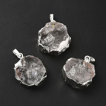 Natural Quartz Crystal Pendants, Rock Crystal Pendants, Flower Charms, with Rack Plating Brass Findings, Platinum, 24.5~30x20.5~26.5x8.5~11mm, Hole: 7x4.5mm
