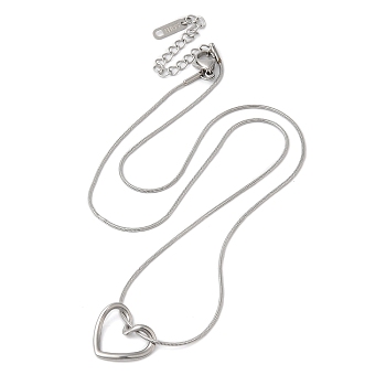 304 Stainless Steel Hollow Heart Pendant Necklace with Round Snake Chains, Stainless Steel Color, 18.11 inch(46cm)