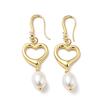 Heart with ABS Imitation Pearl Dangle Earrings, Rack Plating Brass Jewelry for Women, Real 18K Gold Plated, 50mm, Pin: 0.8mm