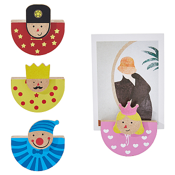 4Pcs 4 Styles Wood Name Card Holder, Rocking Photo Memo Holders, Tumbler Toy, Clown & Sodier & King & Princess Pattern, Mixed Color, 20x55x53mm, 1pc/style
