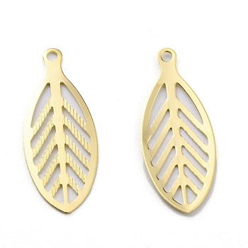 Brass Pendants, Long-Lasting Plated, Leaf, Real 24K Gold Plated, 23x9x0.5mm, Hole: 1.2mm