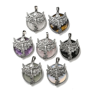 Natural & Synthetic Gemstone Mixed Gemstone Flat Round Pendants, Rack Plating Brass Dragon Charms, Antique Silver, Cadmium Free & Lead Free, 38x32x7mm, Hole: 8x5mm