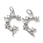 Rack Plating Brass Pave Clear Cubic Zirconia Connector Charms, Moon with Flower Links, Long-Lasting Plated, Lead Free & Cadmium Free, Platinum, 21x15x3.5mm, Hole: 4mm(KK-K273-08P)