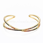 Brass Micro Pave Cubic Zirconia Cuff Bangles, Nickel Free, Criss Cross, Colorful, Real 16K Gold Plated, Inner Diameter: 2-1/4x2 inch(5.85x5cm), 13mm(BJEW-T018-09G-NF)