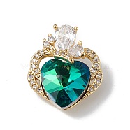 Real 18K Gold Plated Rack Plating Brass Micro Pave Clear Cubic Zirconia Pendants, with Glass, Long-Lasting Plated, Cadmium Free & Lead Free, Butterfly with Heart Charm, Teal, 21x17.5x8mm, Hole: 3.5x2.5mm(KK-C015-11G-16)