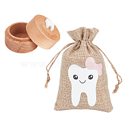 FINGERINSPIRE Column Wood Deciduous Teeth Storage Boxes, with Rectangle Linen Cute Baby Tooth Print Drawstring Bags, Pink, Box: 5.1x4.05cm, Inner Diameter: 3.75cm(ABAG-FG0001-02A)