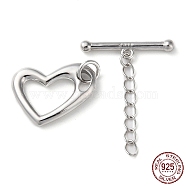Rhodium Plated 925 Sterling Silver Toggle Clasps with Chain, Long-Lasting Plated, Heart with 925 Stamp, Real Platinum Plated, Heart: 17x12.5x2mm, T: 4x19x2.5mm(STER-D005-05P)