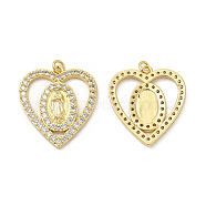 Brass Micro Pave Cubic Zirconia Pendants, with Jump Ring, Heart with Religion Virgin Mary Charm, Golden, 30.5x27.5x3mm, Hole: 3.3mm(KK-E068-VB097)