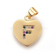 Brass Micro Pave Cubic Zirconia Pendants, Heart with Letter, Colorful, Letter.F, 17x15x1.5mm, Hole: 3.5x4.5mm(X-ZIRC-F093-57G-F)