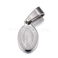 304 Stainless Steel Charms, Oval, with Virgin Mary, Stainless Steel Color, 14x8x1.5mm, Hole: 4x7mm(STAS-G102-17P)