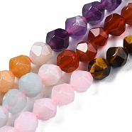 Chakra Theme Natural Tiger Eye & Rose Quartz & Amethyst & Topaz Jade & Red Agate & Amazonite & Sodalite Beads Strands, Star Cut Round Beads, Faceted, 6~7x5~6mm, Hole: 1mm, about 63~64pcs/strand, 15.55 inch(39.5cm)(G-S376-002A)