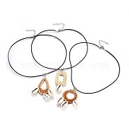 Cowrie Shell Pendant Necklaces, with Woven Linking Rings, 304 Stainless Steel Lobster Claw Clasps and Cowhide Leather Cord, Mixed Color, 18.1~18.2 inch(46~46.4cm)(NJEW-JN02312)