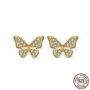Butterfly 925 Sterling Silver Cubic Zirconia Stud Earrings for Women, with S925 Stamp, Real 14K Gold Plated, 7.5x10x12.5mm(EJEW-P231-38G)