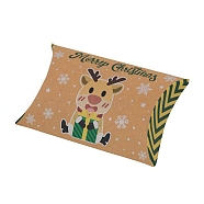 Christmas Theme Cardboard Candy Pillow Boxes, Cartoon Deer Candy Snack Gift Box, Sandy Brown, Fold: 7.3x11.9x2.6cm(CON-G017-02B)
