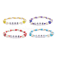 Love Word Acrylic & Heishi Polymer Clay Beaded Stretch Bracelet Sets, Evil Eye Lampwork Beads Bracelets for Women, Mixed Color, Inner Diameter: 2-1/8 inch(5.5cm), 4pcs/set(BJEW-TA00069)