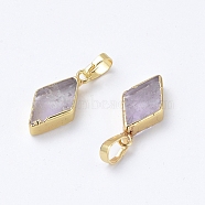 Natural Amethyst Pendants, with Brass Snap on Bails, Edge Golden Plated, Rhombus, Golden, 17.5~19x8.5~9x3.5mm, Hole: 4x6mm(G-E564-05A-G)
