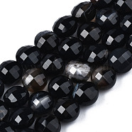 Natural Agate Beads Strands, Dyed & Heated, Faceted, Flat Round, Black, 8x6.5mm, Hole: 1.2mm, about 47pcs/strand, 14.96 inch(37cm).(G-N326-100A-12)