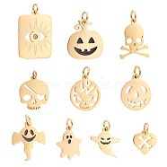 Unicraftale 10Pcs 10 Style 304 & 316 Surgical Stainless Steel  Pendants, with Jump Rings and Rhinestone, Halloween Theme, Mixed Shape, Real 14K Gold Plated, 8~11x2~12x1mm, Jump Ring: 2.7~3.8x0.4~0.6mm, Inner Diameter: 1.9~2.6mm, 1pc/style(STAS-UN0033-44)