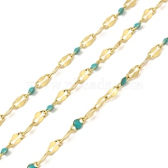 Ion Plating(IP) 304 Stainless Steel Dapped Chains, Enamel Style, Real 18K Gold Plated, Soldered, with Spool, Polished, Cyan, 4x2x0.3mm, about 32.81 Feet(10m)/Roll(STAS-P368-02G-09)