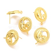 Brass Stud Earring Findings, with Loop, Micro Pave Cubic Zirconia, Moon and Sun, Clear, 23x18.5x4mm, Hole: 1.6mm, Pin: 0.7~1mm(KK-G398-13G)