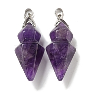 Natural Amethyst Pointed Pendants, Faceted Bullet Shaped Charms with Rack Plating Brass Snap on Bails, Platinum, Cadmium Free & Lead Free, 43x14mm, Hole: 4x5mm(G-F766-08AS-06)