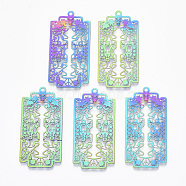 Ion Plating(IP) 201 Stainless Steel Filigree Pendants, Etched Metal Embellishments,  Rectangle with Sugar Skull, For Mexico Holiday Day of The Dead, Rainbow Color, 45x22x0.4mm, Hole: 1.8mm(X-STAS-T057-14)