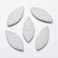 304 Stainless Steel Pendants, Leaf with Flower Pattern, Stainless Steel Color, 39x16x1.5mm, Hole: 1.4mm(STAS-F230-13P)