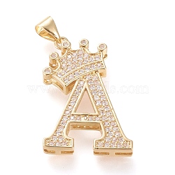 Brass Micro Pave Cubic Zirconia Pendants, Long-Lasting Plated, with Snap on Bail, Letter.A with Crown, Real 18K Gold Plated, Clear, Letter.A, A: 27x18x4mm, Hole: 3x4mm(KK-R138-002A)