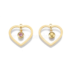 201 Stainless Steel Pendants, with Rhinestone, Heart with Flat Round, Real 18K Gold Plated, Light Rose, 23x24x1mm, Hole: 1.6mm(STAS-N090-LA897-10G)