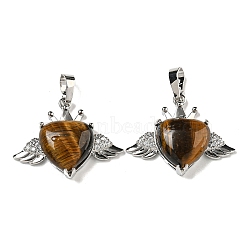 Natural Tiger Eye with Clear Cubic Zirconia Pendants, Heart & Wing Charms with Rack Plating Brass Findings, Platinum, Cadmium Free & Lead Free, 25x31.5x8.5~9mm, Hole: 7.9x5mm(G-G133-02P-24)