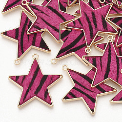Eco-Friendly Cowhide Leather  Pendants, with Golden Plated Alloy Cabochon Settings, Star with Zebra-stripe Pattern Pattern, Deep Pink, 36.5x35x2~3mm, Hole: 1.8mm(X-FIND-N049-02G)