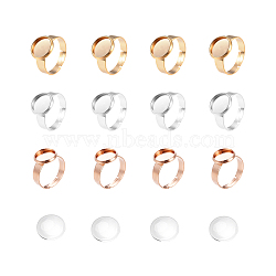 DIY Ring Making, with Adjustable 304 Stainless Steel Finger Rings Components and Transparent Glass Cabochons, Flat Round, Golden & Rose Gold & Stainless Steel Color, Size: 7, 17mm, 12pcs/box(DIY-UN0001-36)