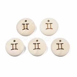 Laser Out Wood Pendants, Flat Round with 12 Constellations, Undyed, Gemini, 15x4mm, Hole: 1.6mm(WOOD-S053-51K)