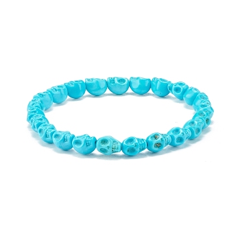 Synthetic Turquoise(Dyed) Skull Stretch Bracelet, Gemstone Halloween Jewelry for Women, Beads: 8x6x6.5mm, Inner Diameter: 2-1/4 inch(5.6cm)