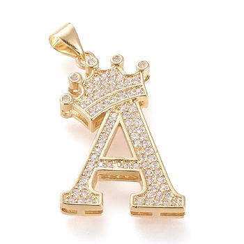 Brass Micro Pave Cubic Zirconia Pendants, Long-Lasting Plated, with Snap on Bail, Letter.A with Crown, Real 18K Gold Plated, Clear, Letter.A, A: 27x18x4mm, Hole: 3x4mm
