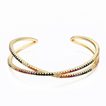 Brass Micro Pave Cubic Zirconia Cuff Bangles, Nickel Free, Criss Cross, Colorful, Real 16K Gold Plated, Inner Diameter: 2-1/4x2 inch(5.85x5cm), 13mm