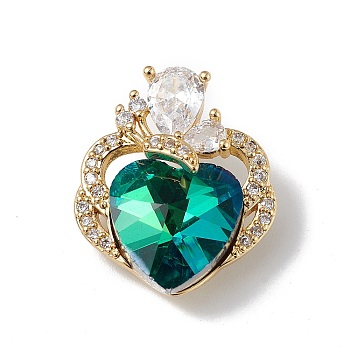Real 18K Gold Plated Rack Plating Brass Micro Pave Clear Cubic Zirconia Pendants, with Glass, Long-Lasting Plated, Cadmium Free & Lead Free, Butterfly with Heart Charm, Teal, 21x17.5x8mm, Hole: 3.5x2.5mm