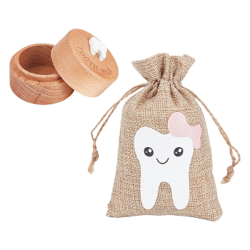 FINGERINSPIRE Column Wood Deciduous Teeth Storage Boxes, with Rectangle Linen Cute Baby Tooth Print Drawstring Bags, Pink, Box: 5.1x4.05cm, Inner Diameter: 3.75cm