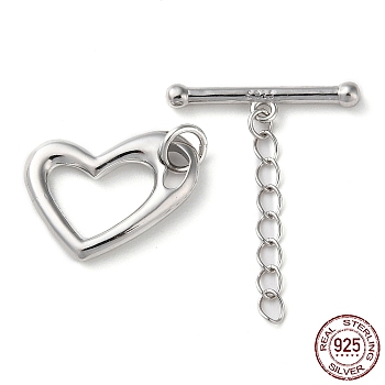 Rhodium Plated 925 Sterling Silver Toggle Clasps with Chain, Long-Lasting Plated, Heart with 925 Stamp, Real Platinum Plated, Heart: 17x12.5x2mm, T: 4x19x2.5mm
