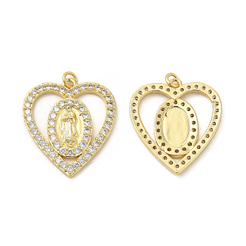 Brass Micro Pave Cubic Zirconia Pendants, with Jump Ring, Heart with Religion Virgin Mary Charm, Golden, 30.5x27.5x3mm, Hole: 3.3mm