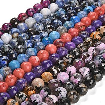 Natural Fire Crackle Agate Beads Strands, Dyed & Heated, Round, Faceted, Mixed Color, 13.5~14mm, Hole: 1.4mm, about 28~29pcs/strand, 15.16 inch(38.5cm)