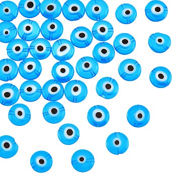 Handmade Evil Eye Lampwork Beads Strands, Flat Round, Dodger Blue, 10x4mm, Hole: 1mm, about 38pcs/strand, 14.96''(38cm)