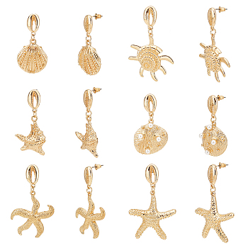 Elite 6 Pairs 3 Style Shell & Starfish Steel Asymmetrical Earrings with ABS Imitation Pearl Beaded, Zinc Alloy Dangle Stud Earrings for Women, Golden, 48~58mm, Pin: 0.7mm, 2 Pairs/style