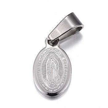 304 Stainless Steel Charms, Oval, with Virgin Mary, Stainless Steel Color, 14x8x1.5mm, Hole: 4x7mm