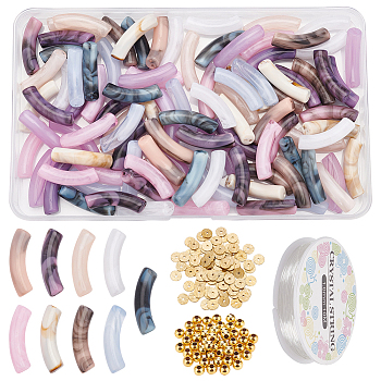 DIY Imitation Gemstone Curved Tube Bracelet Making Kit, Including Acrylic & Brass Spacer Beads, Elastic Thread, Mixed Color, Beads: 250Pcs/box