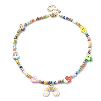 Alloy Enamel Rainbow Pendant Necklace, Flower & Heart & Mushroom Polymer Clay & Seed Beaded Necklace, Colorful, 14.17 inch(36cm)