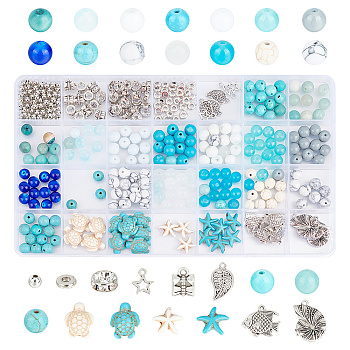 Elite DIY Ocean Theme Jewelry Making Kit, Including Natural & Synthetic Mixed Stone & Glass & Alloy & Brass Beads & Pendants, Tortoise& Tube & Leaf & Starfish & Shell Shape, Mixed Color, 447Pcs/box